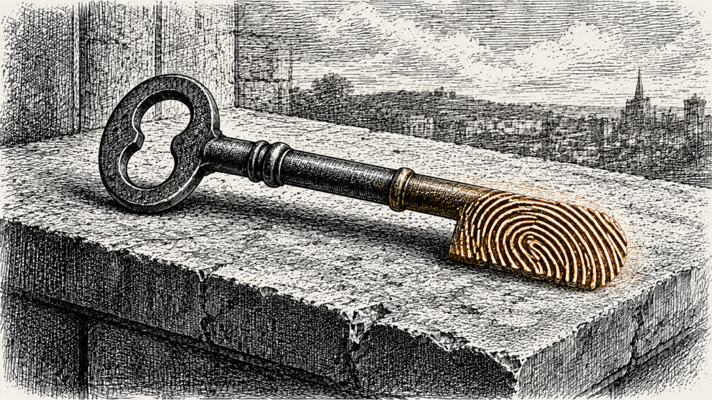 WSJ-style illustration of a skeleton key transforming into a fingerprint, representing the end of Ethereum seed phrases through passkey authentication