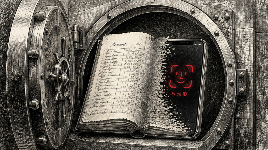 Single-color stipple illustration of a vault ledger turning into a phone with Face ID, depicting the end of Ethereum seed phrases in crypto wallets