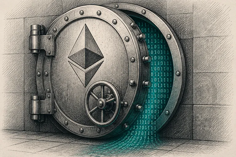 Illustration of a vault door engraved with the Ethereum logo, cracked open with code leaking out, symbolizing cryptographic vulnerability showing Quantum Computers Break Ethereum