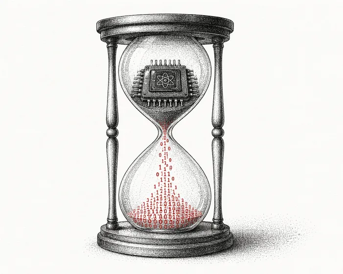 Illustration of an hourglass with a quantum chip inside and binary code falling like sand, representing the countdown to quantum-resistant cryptography
