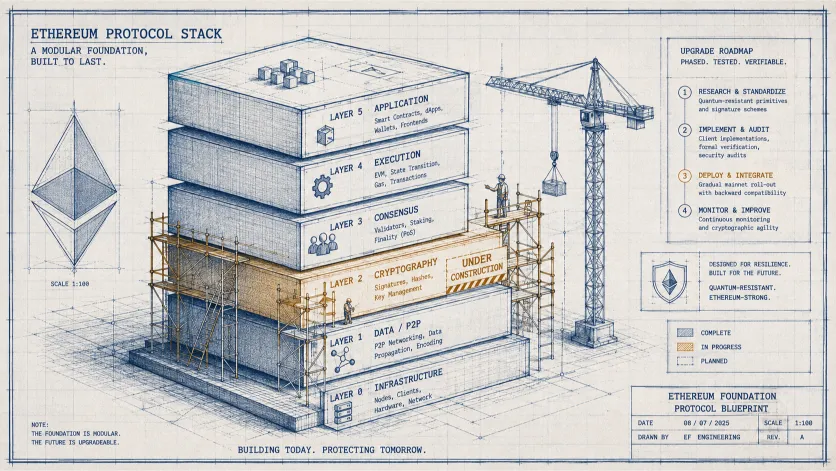 Blueprint-style diagram of Ethereum's protocol stack with one layer under construction, illustrating the network's phased quantum-resistance upgrade