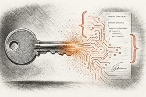 Illustration of a key transforming into circuit lines, part of Account Abstraction Explained, showing how Ethereum wallets evolve into programmable smart accounts"