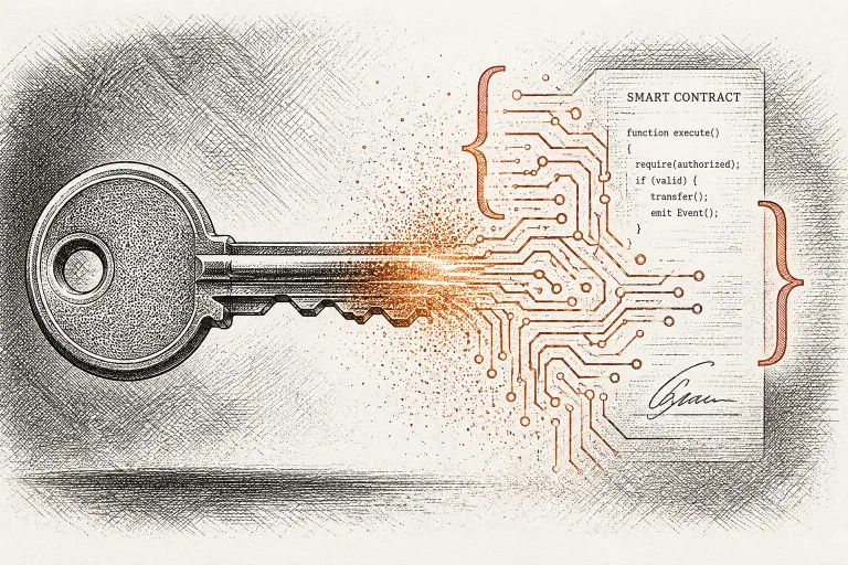 Illustration of a key transforming into circuit lines, part of Account Abstraction Explained, showing how Ethereum wallets evolve into programmable smart accounts"
