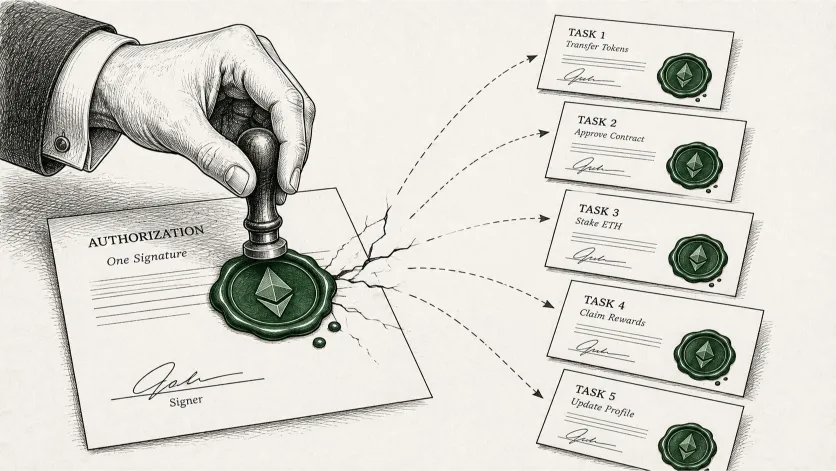 Illustration of a single wax seal splitting into multiple documents, illustrating the batched transactions covered in Account Abstraction Explained