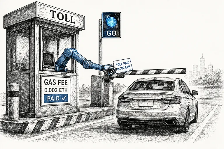 Illustration of a robotic arm paying a toll for a passing car, symbolizing the gas sponsorship feature detailed in Account Abstraction Explained