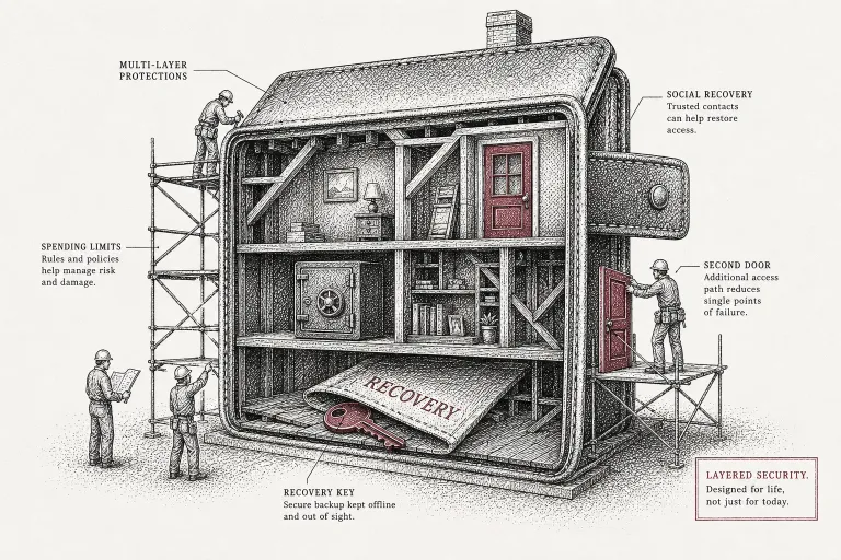 Blueprint-style illustration of a wallet as a house under construction with a hidden recovery key, representing the social recovery features covered in Account Abstraction Explained