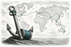 An anchor connected to a cable across the world