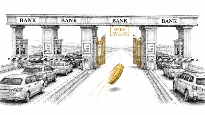 A toll bridge with a stable coin in the middle lane showing how Stablecoins Are Changing Global Finance is changing the world