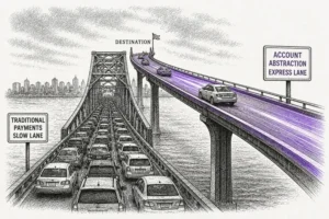 Illustration of a congested bridge with an elevated express lane splitting off above it, representing how Ethereum Layer 2 relieves network congestion