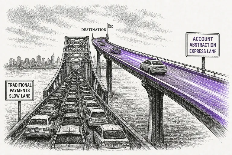 Illustration of a congested bridge with an elevated express lane splitting off above it, representing how Ethereum Layer 2 relieves network congestion