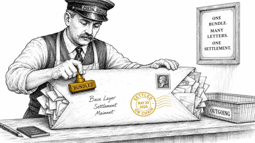 Ethereum Layer 2 Explained: Illustration of a postal clerk stamping one large envelope full of smaller letters, symbolizing how Ethereum Layer 2 rollups batch transactions before settlement