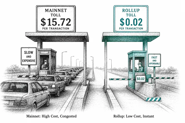 Illustration of two toll booths with different price signs, showing the cost difference Ethereum Layer 2 creates compared to mainnet transactions