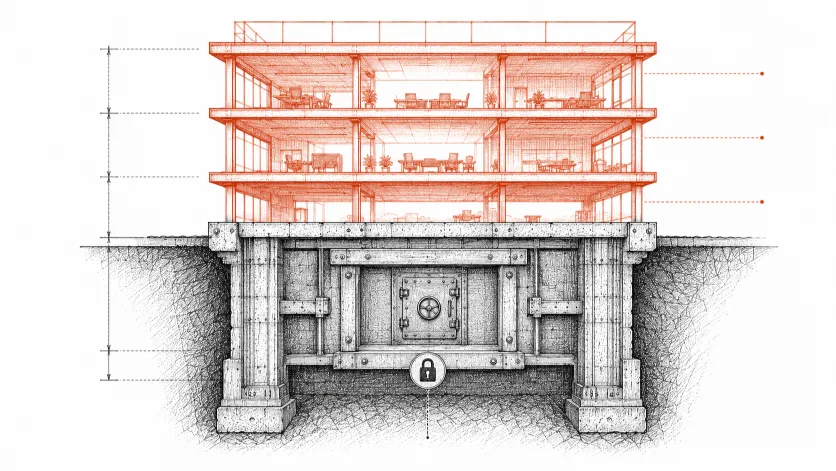 Blueprint-style illustration of a reinforced foundation with lighter floors stacked above it, representing how Ethereum Layer 2 builds on top of Ethereum's secure base layer