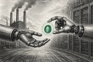 Illustration of two mechanical hands exchanging a glowing coin, representing the rise of Machine-to-Machine Payments between autonomous AI agents