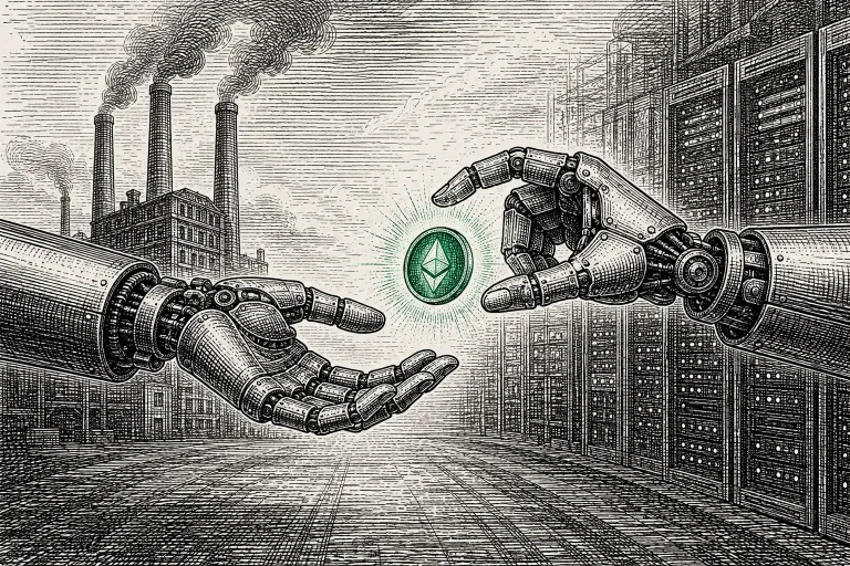 Illustration of two mechanical hands exchanging a glowing coin, representing the rise of Machine-to-Machine Payments between autonomous AI agents