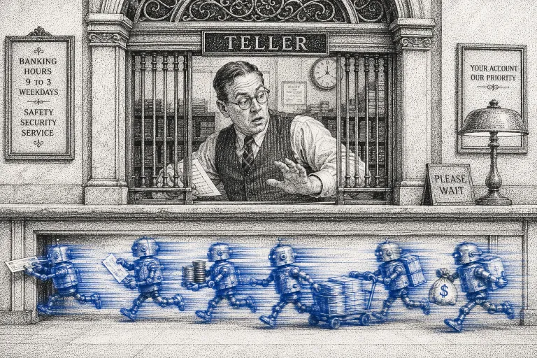 Illustration of a bank teller unable to keep pace with a blur of mechanical figures, symbolizing how Machine-to-Machine Payments outrun traditional banking speed