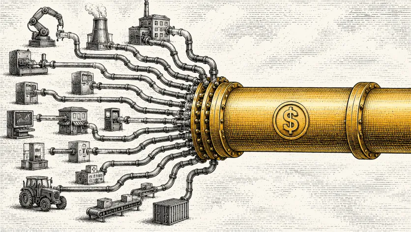 Illustration of many small pipes funneling into one large pipe, representing the concentration risk behind Machine-to-Machine Payments relying on a single stablecoin