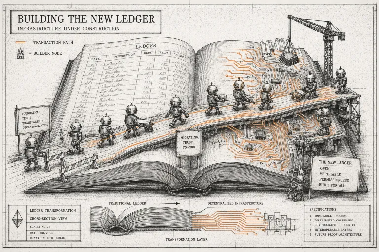 Blueprint-style illustration of a ledger transforming into a circuit board with robotic figures crossing it, representing the infrastructure being built for Machine-to-Machine Payments