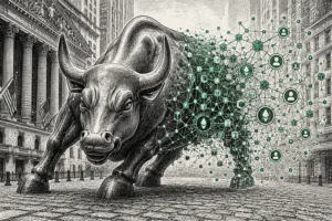 Illustration of the Wall Street bull statue dissolving into blockchain nodes, representing Ethereum Staking arriving on Wall Street