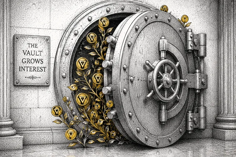 Illustration of a bank vault door with coins sprouting from its seams, symbolizing the yield generated through Ethereum Staking
