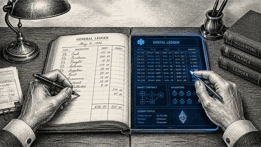 Illustration of a desk split between a paper ledger and a digital ledger, representing how Ethereum Staking bridges traditional and crypto finance