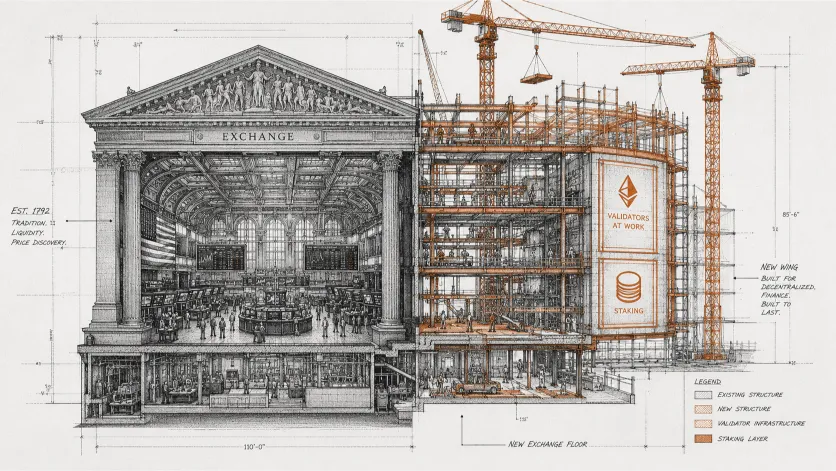 Blueprint-style illustration of a stock exchange floor with a new wing under construction, representing the infrastructure being built for Ethereum Staking