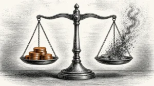Illustration of a balance scale weighing new coins against burning coins, representing how Ethereum Issuance and Staking balance ETH's supply