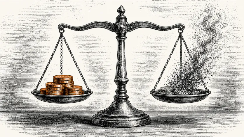 Illustration of a balance scale weighing new coins against burning coins, representing how Ethereum Issuance and Staking balance ETH's supply