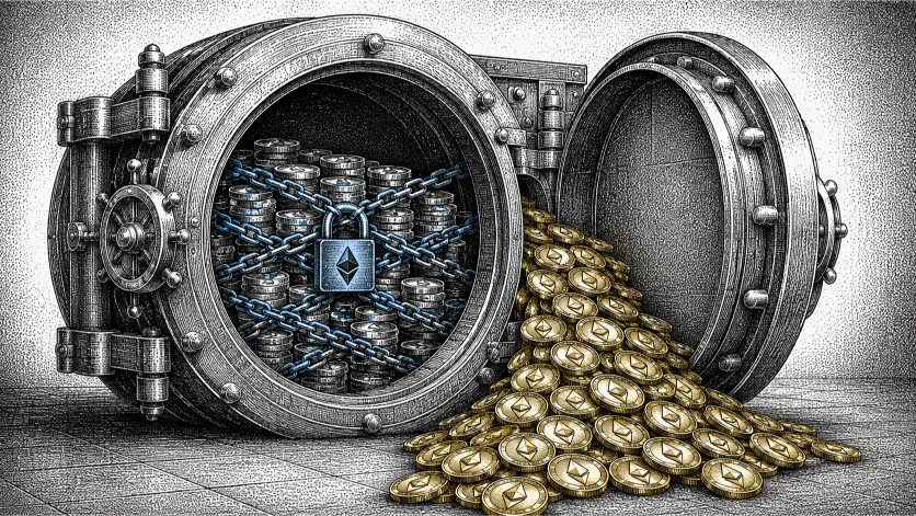 Illustration of a vault with a third of its coins chained down, symbolizing how Ethereum Staking locks away a portion of ETH's total supply