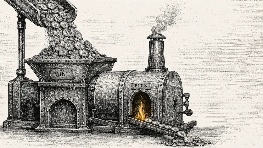 Illustration of a fading furnace flame next to a steady stream of new coins, representing how reduced burning affected Ethereum Issuance and Staking dynamics