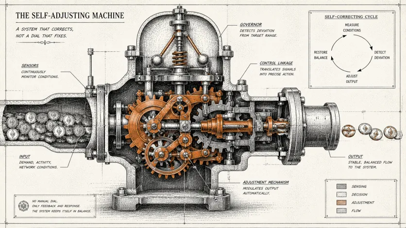 Blueprint-style illustration of a self-adjusting mechanical regulator controlling coin flow, representing how Ethereum Issuance and Staking dynamically balance ETH's supply